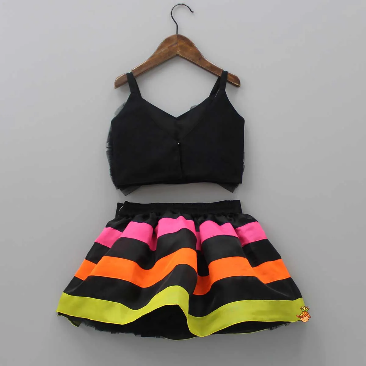 Pre Order: Black Frilly Bow Top And Multi Colour Lace Applique Skirt With Matching Pearl Work Hair Band