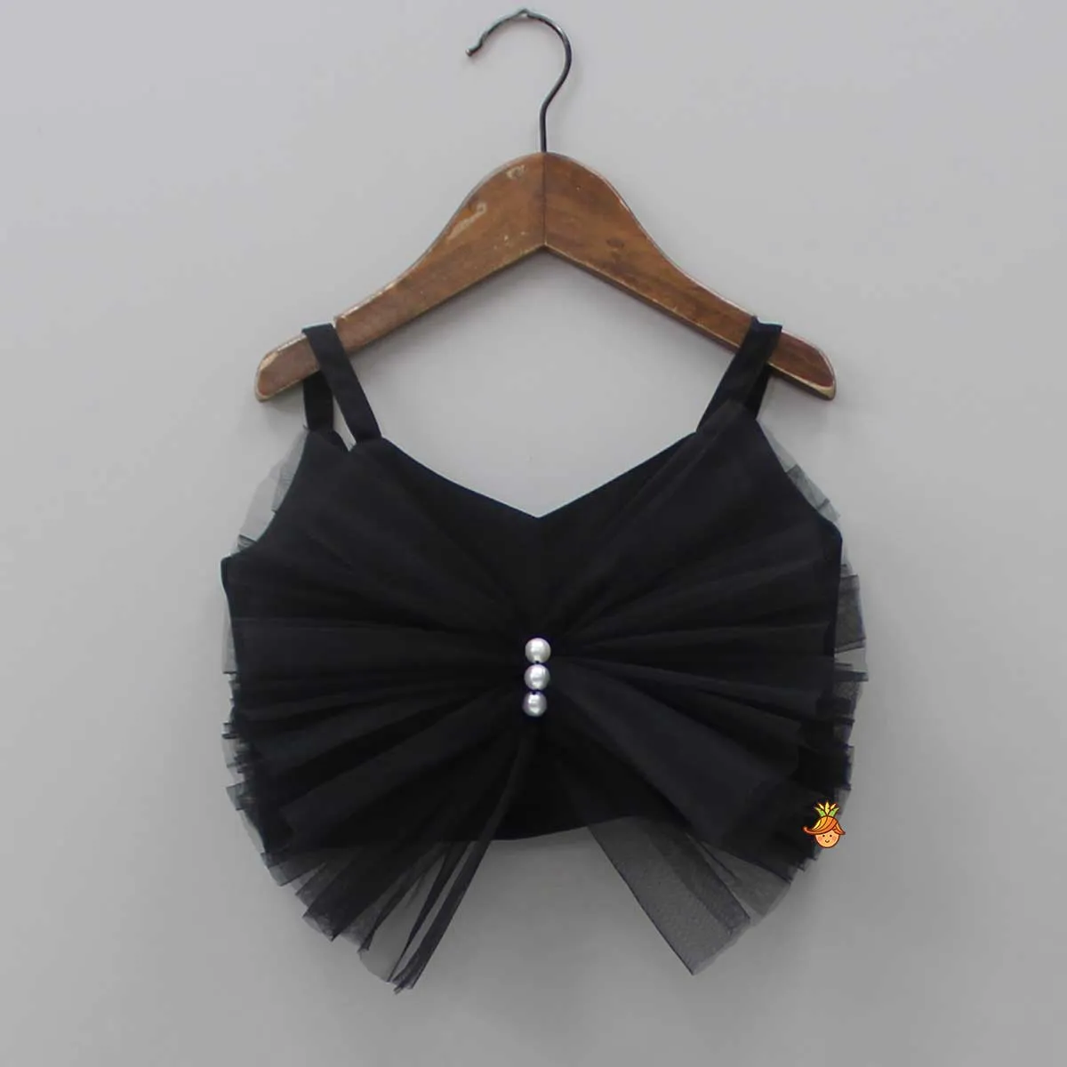 Pre Order: Black Frilly Bow Top And Multi Colour Lace Applique Skirt With Matching Pearl Work Hair Band