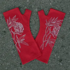 Red peony printed merino fingerless gloves