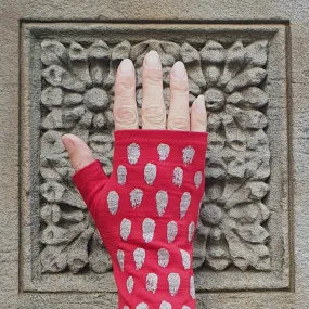 Red polka dot print merino fingerless gloves