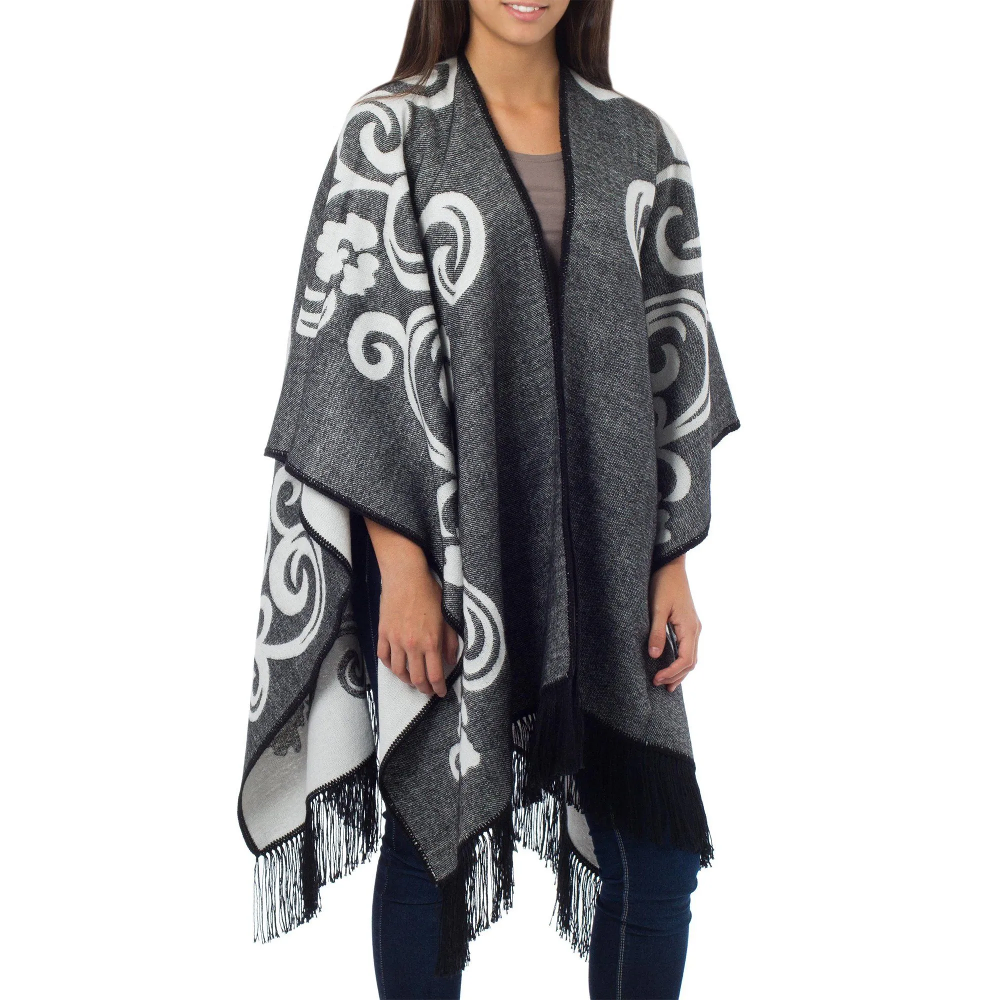 Reversible White & Grey Alpaca Ruana Poncho