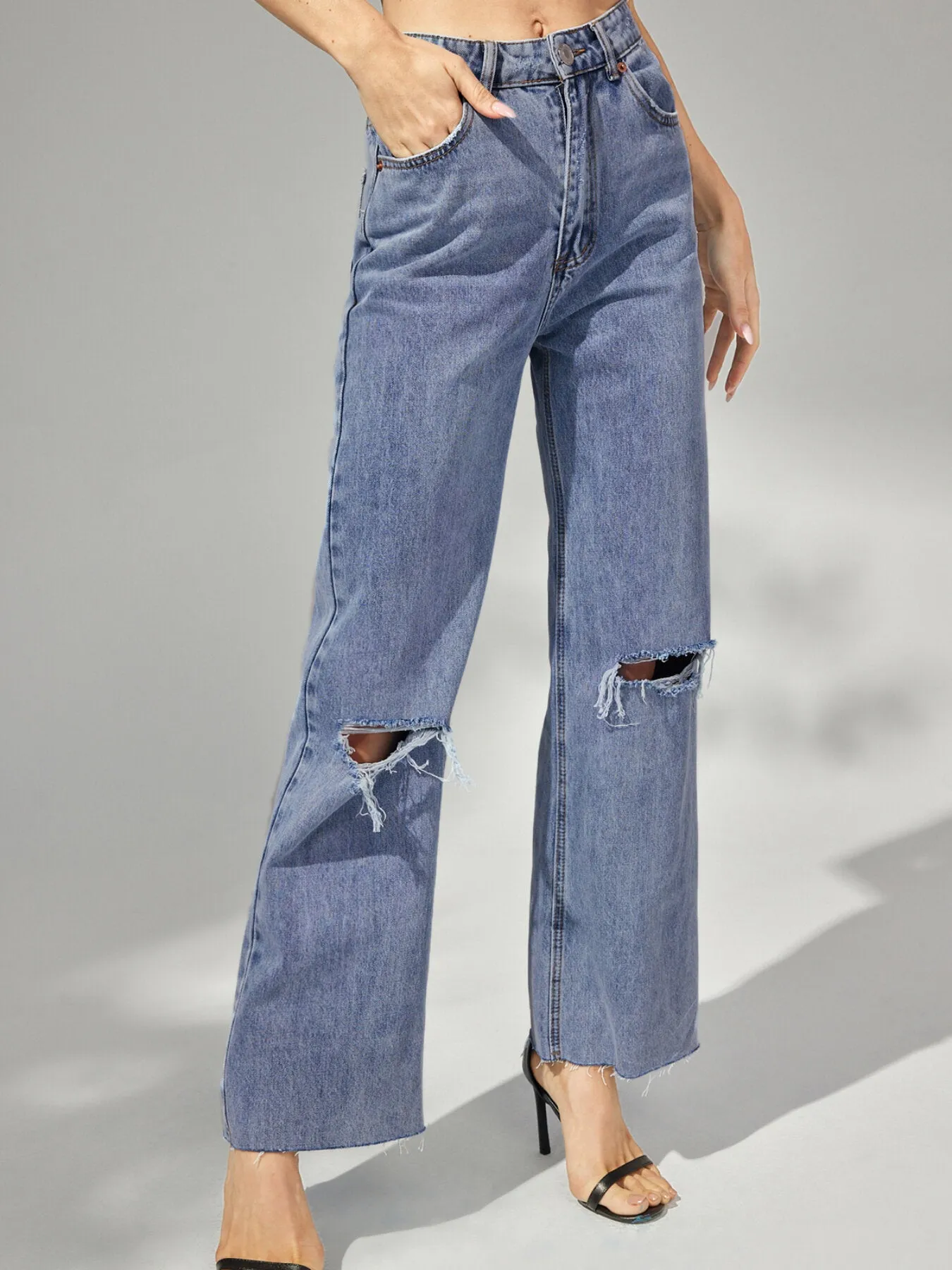 Ripped Washed Wide Leg High Waist Jeans