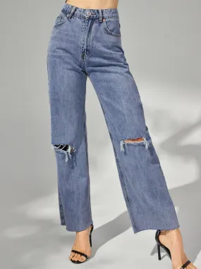 Ripped Washed Wide Leg High Waist Jeans