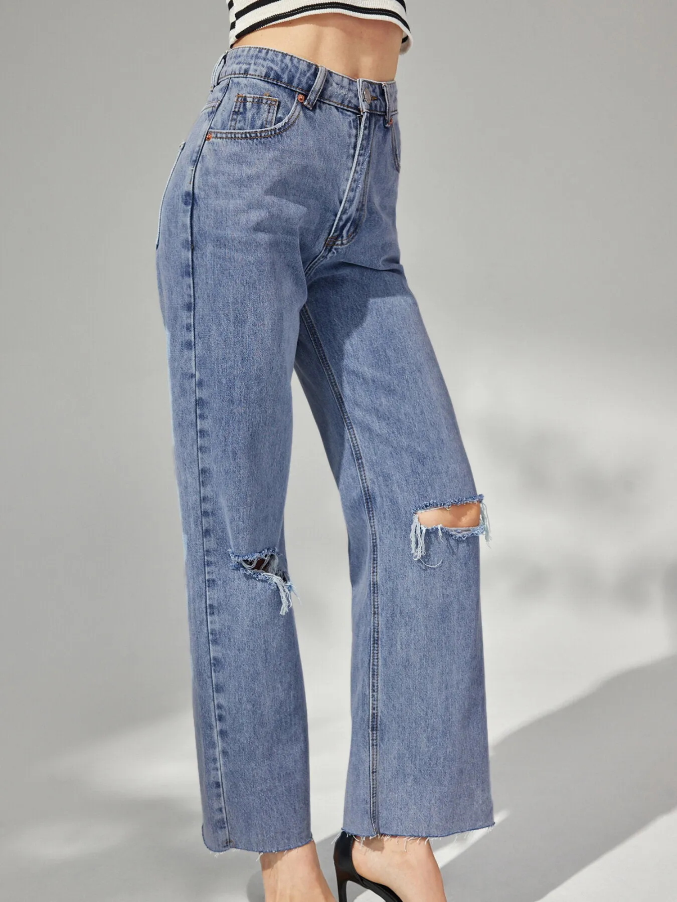 Ripped Washed Wide Leg High Waist Jeans