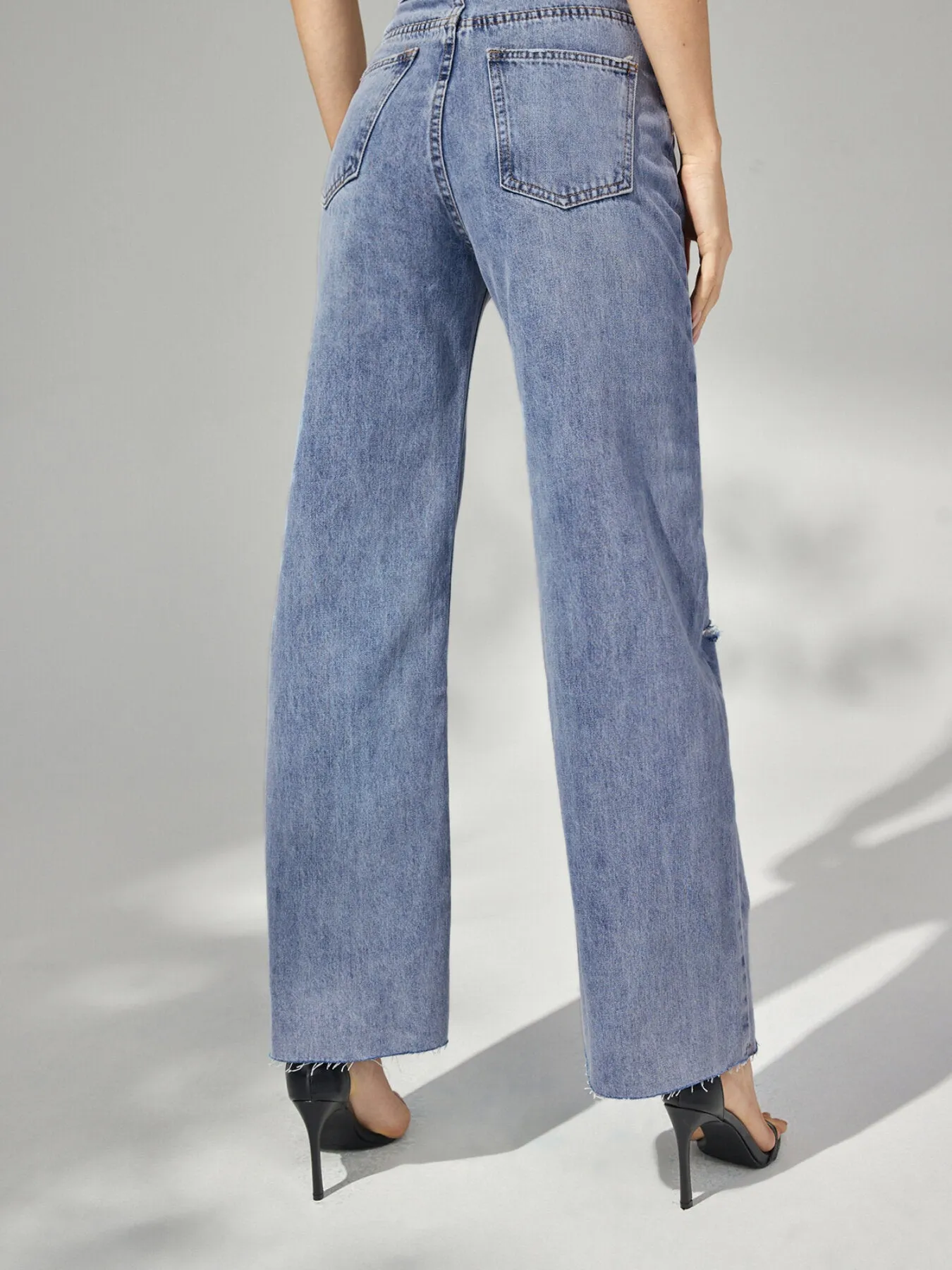 Ripped Washed Wide Leg High Waist Jeans