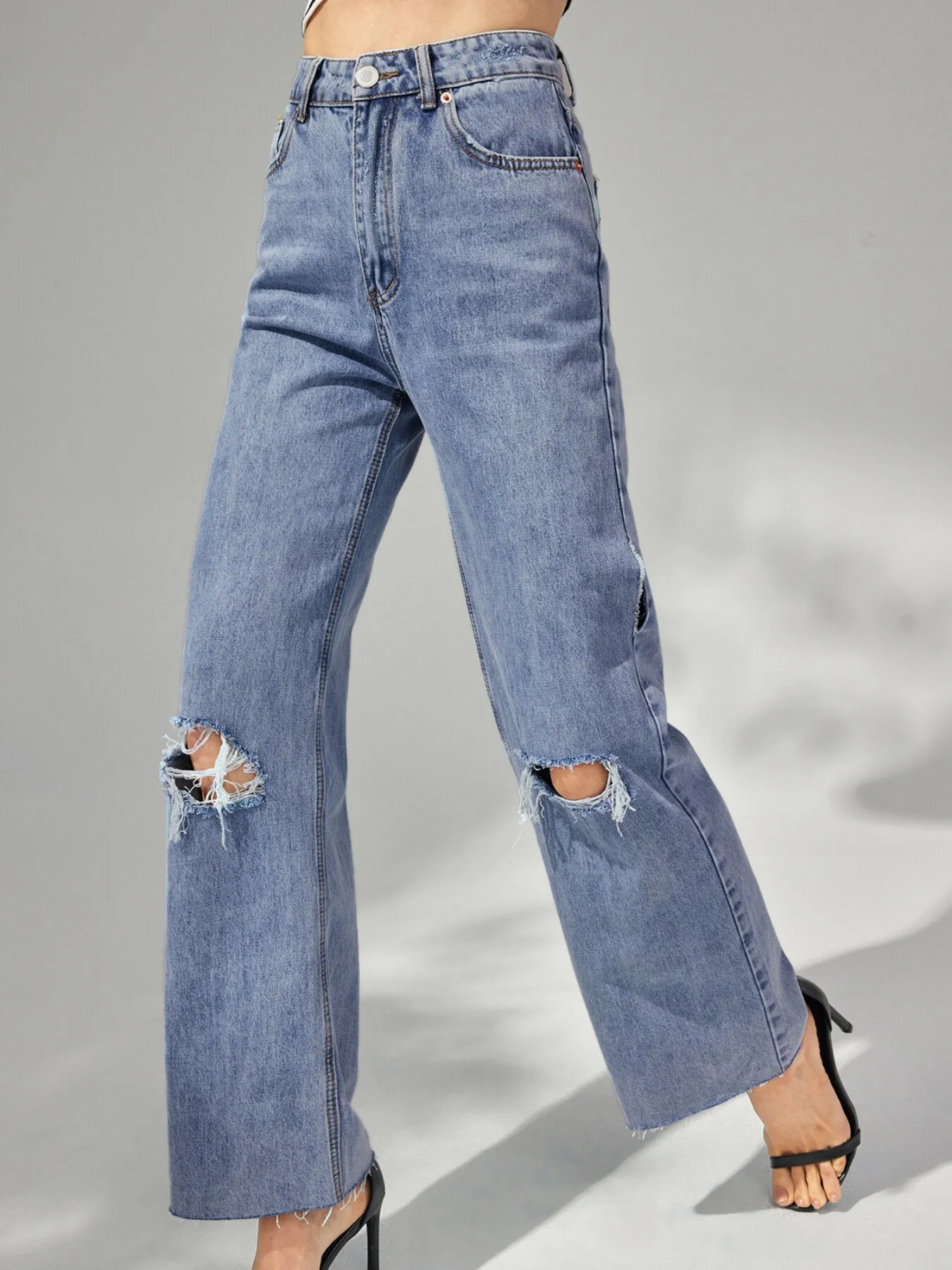 Ripped Washed Wide Leg High Waist Jeans