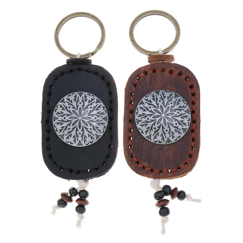 Round Flower Pendant Double Layer Leather Keychain