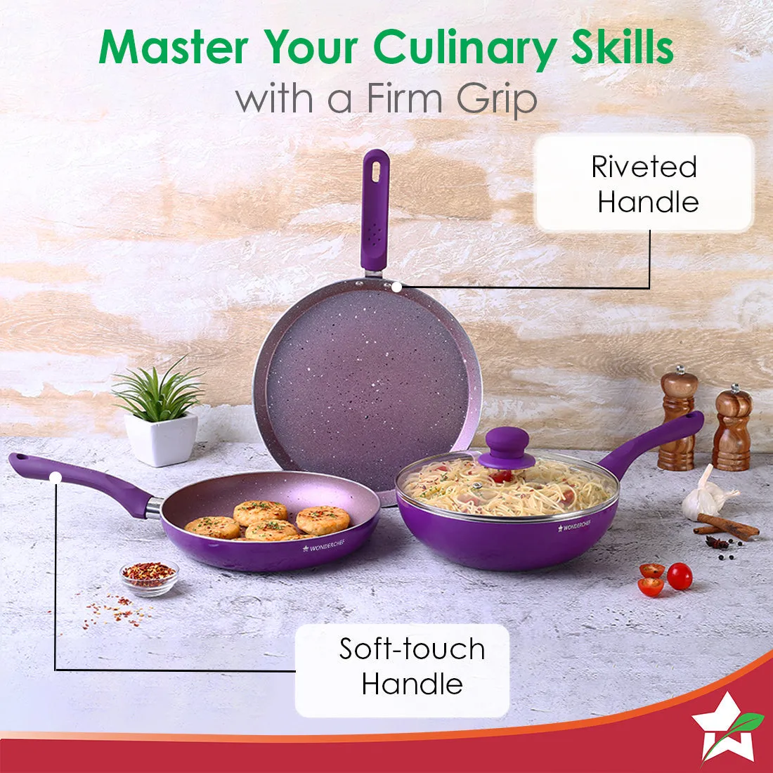 Royal Velvet Non-stick Cookware Set, 4Pc (Fry Pan with Lid, Wok, Dosa Tawa) 3mm, 2 Years Warranty, Purple