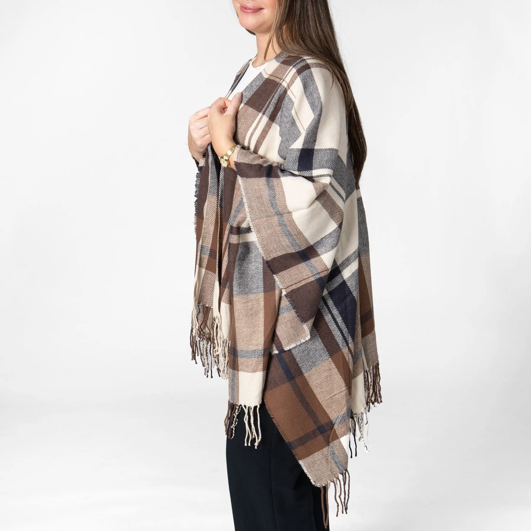 Savannah - Women's Woven Plaid Open Front Poncho