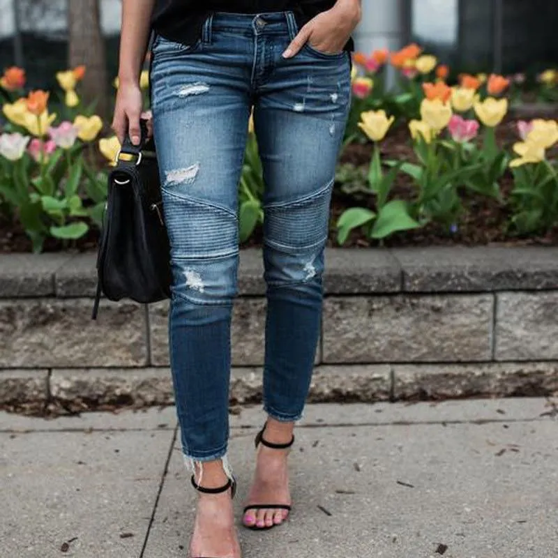 Skinny Ripped Pleated Stretch Denim Jeans