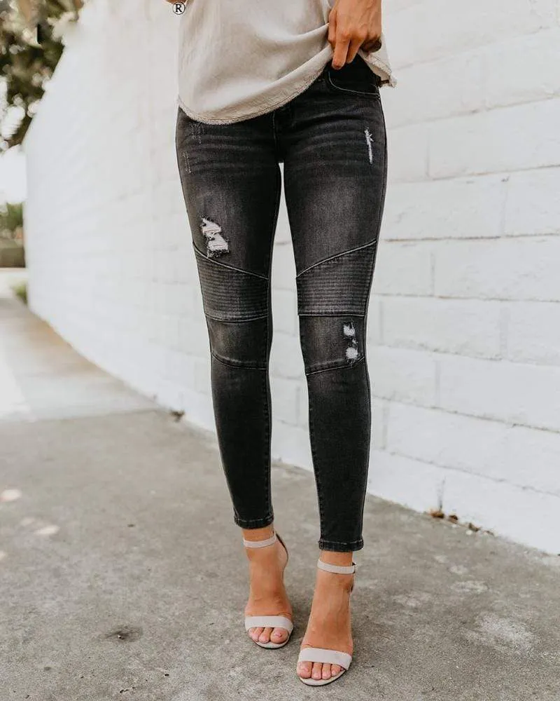 Skinny Ripped Pleated Stretch Denim Jeans