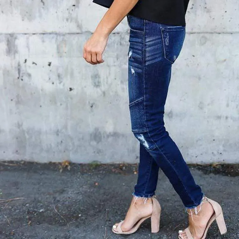 Skinny Ripped Pleated Stretch Denim Jeans