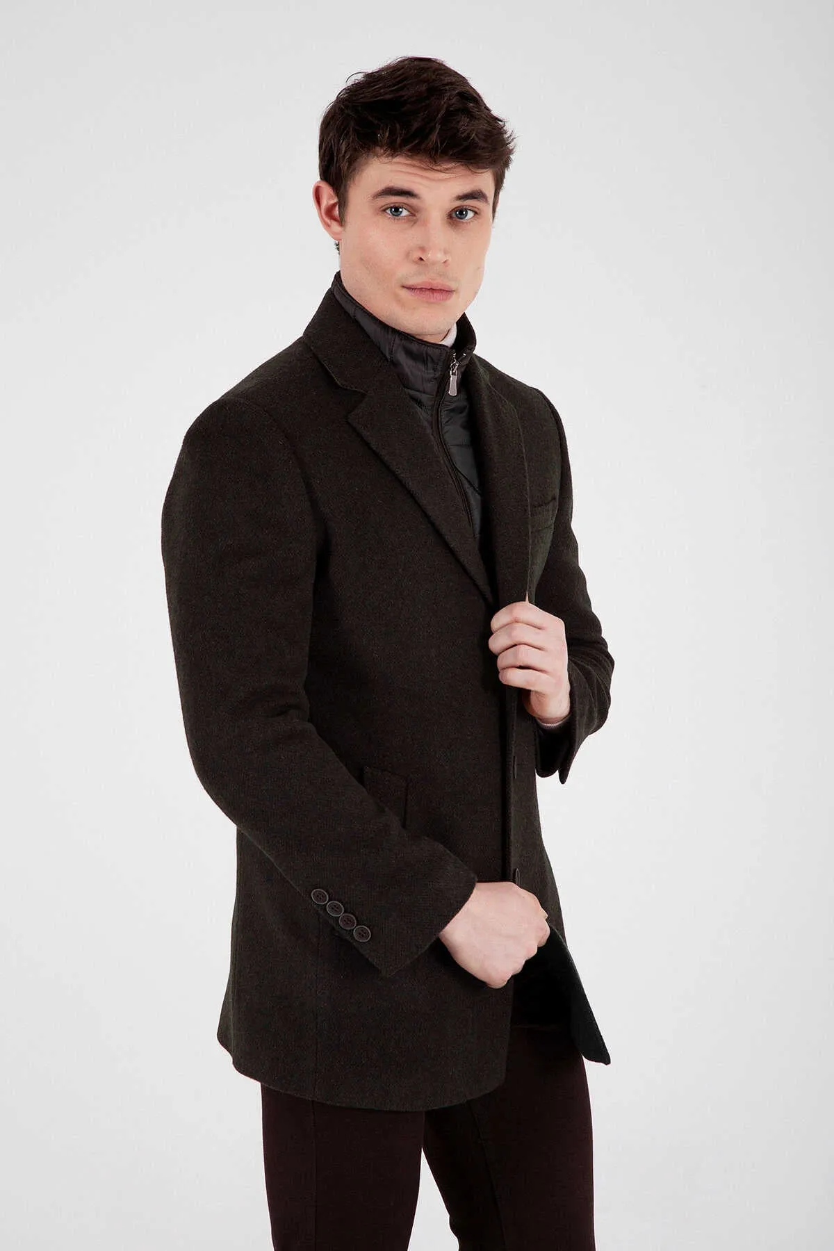 Slim Fit Cachet Notch Lapel Brown Wool Blend Coat