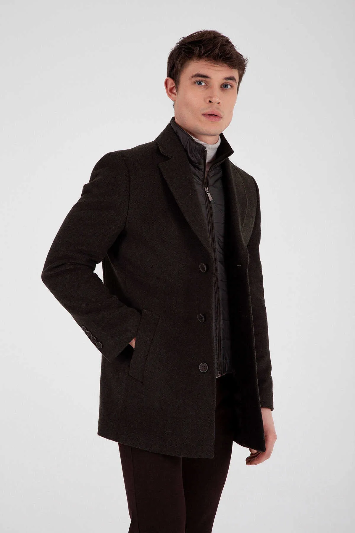 Slim Fit Cachet Notch Lapel Brown Wool Blend Coat