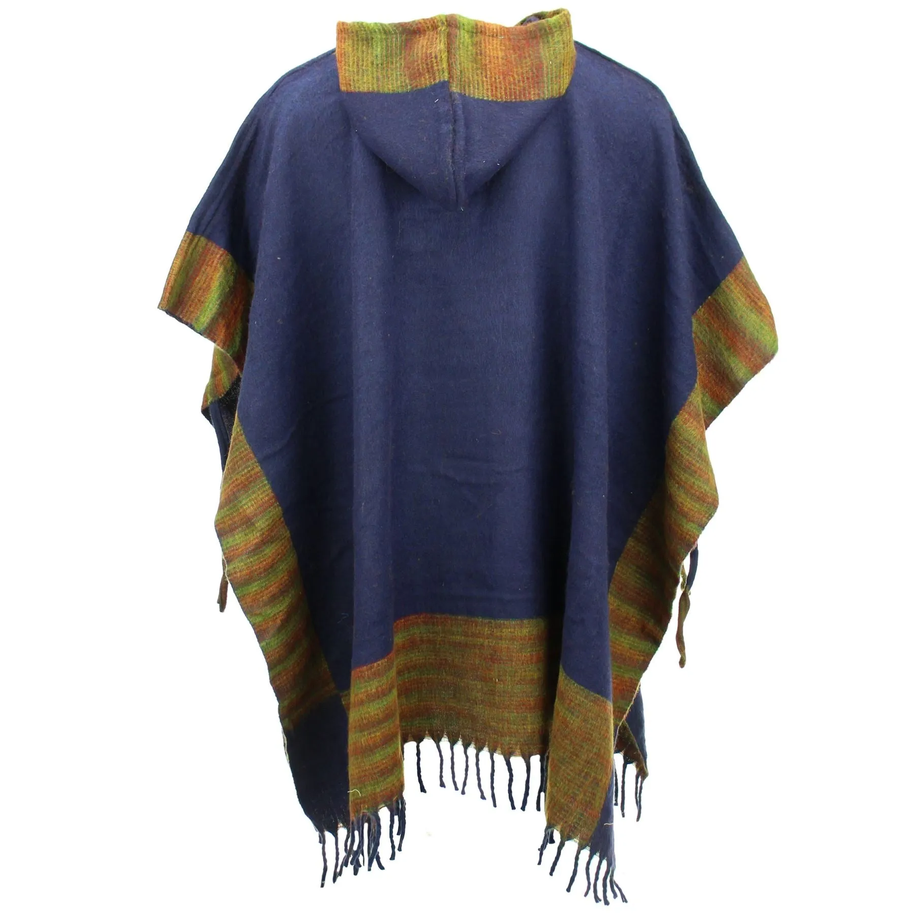 Soft Vegan Wool Hooded Tibet Poncho - Navy & Red Green