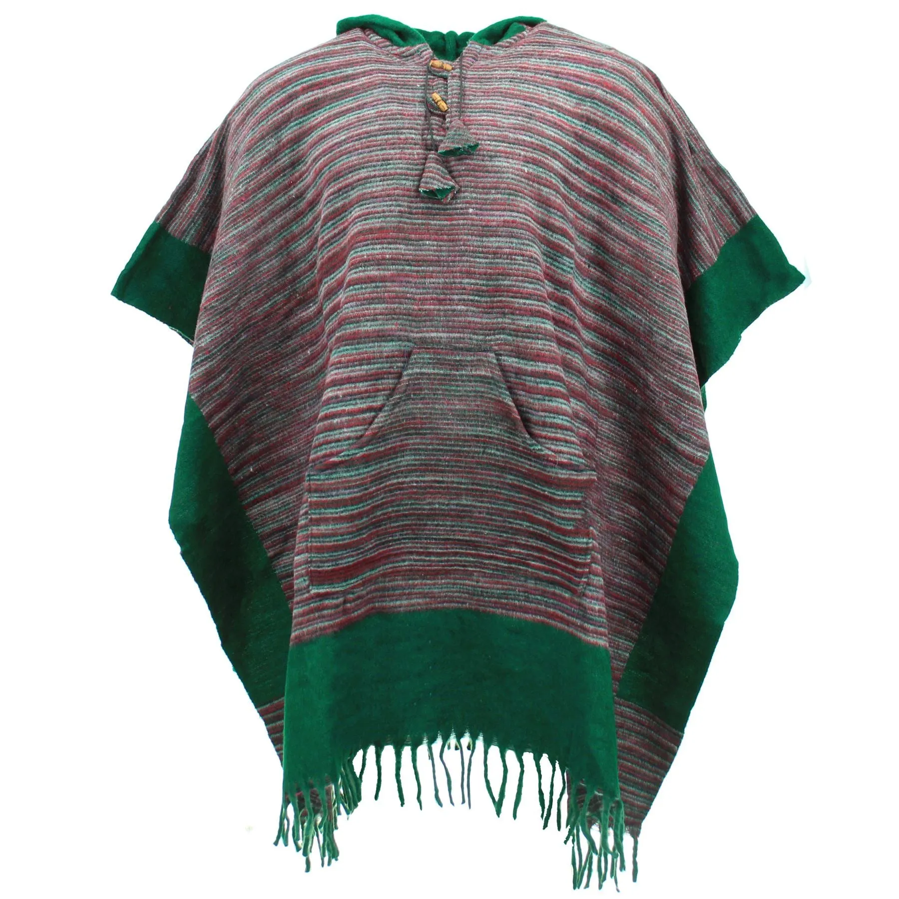 Soft Vegan Wool Hooded Tibet Poncho - Red Grey & Racing Green