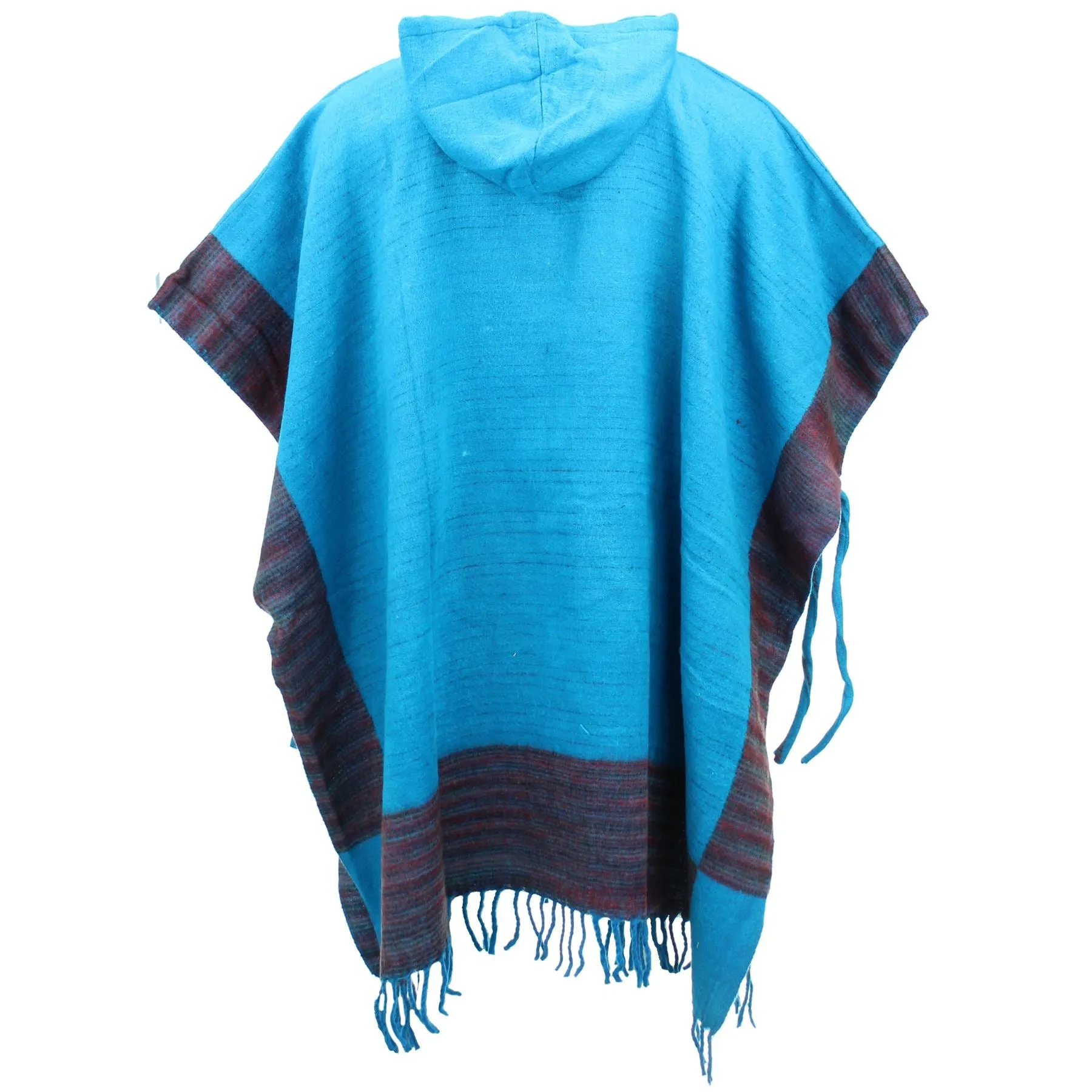 Soft Vegan Wool Hooded Tibet Poncho - Turquoise & Red Grey