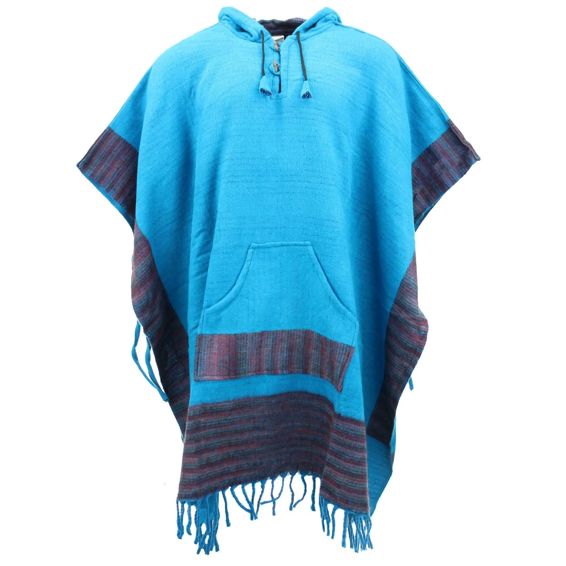 Soft Vegan Wool Hooded Tibet Poncho - Turquoise & Red Grey