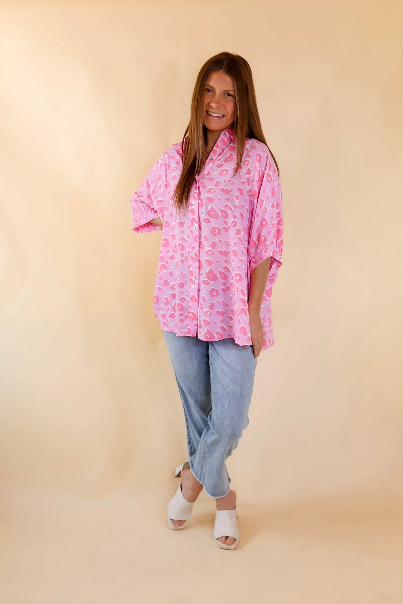 Sophisticated Sweetie Button Up Leopard Print Poncho Top in Pink