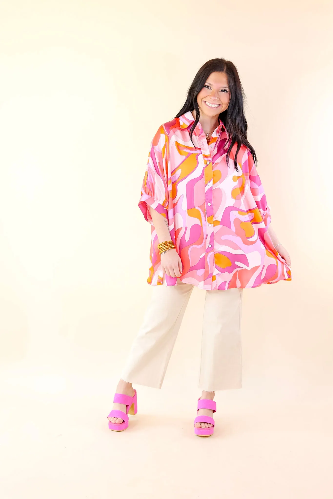 Sophisticated Sweetie Button Up Mosaic Print Poncho Top in Pink Mix