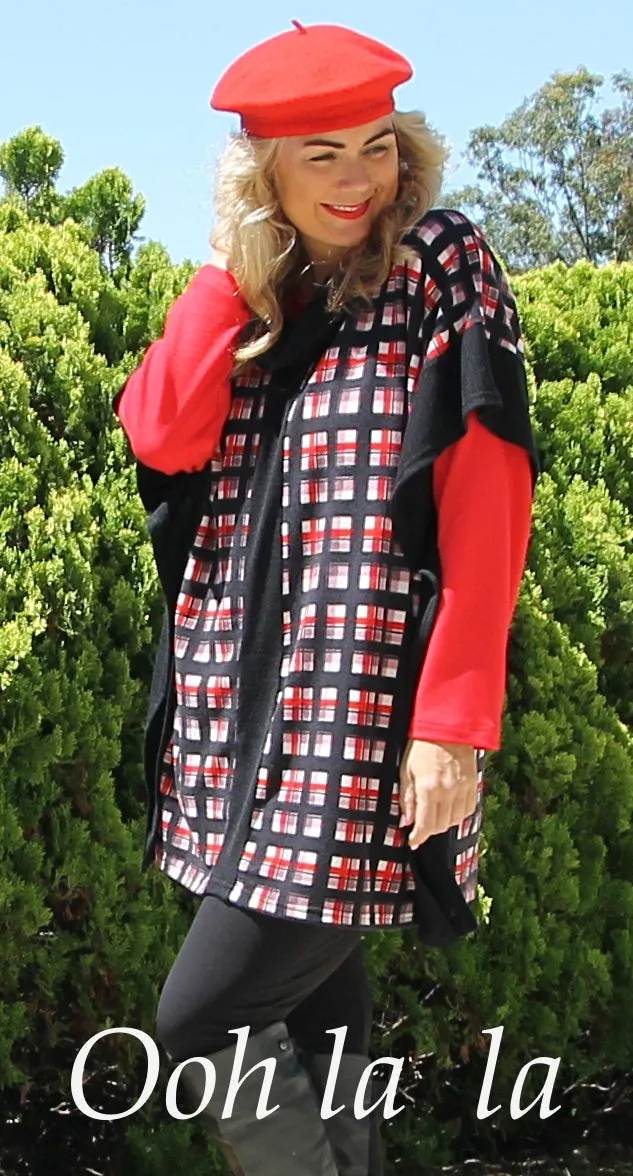 Spliced Poncho Style Top Red Check