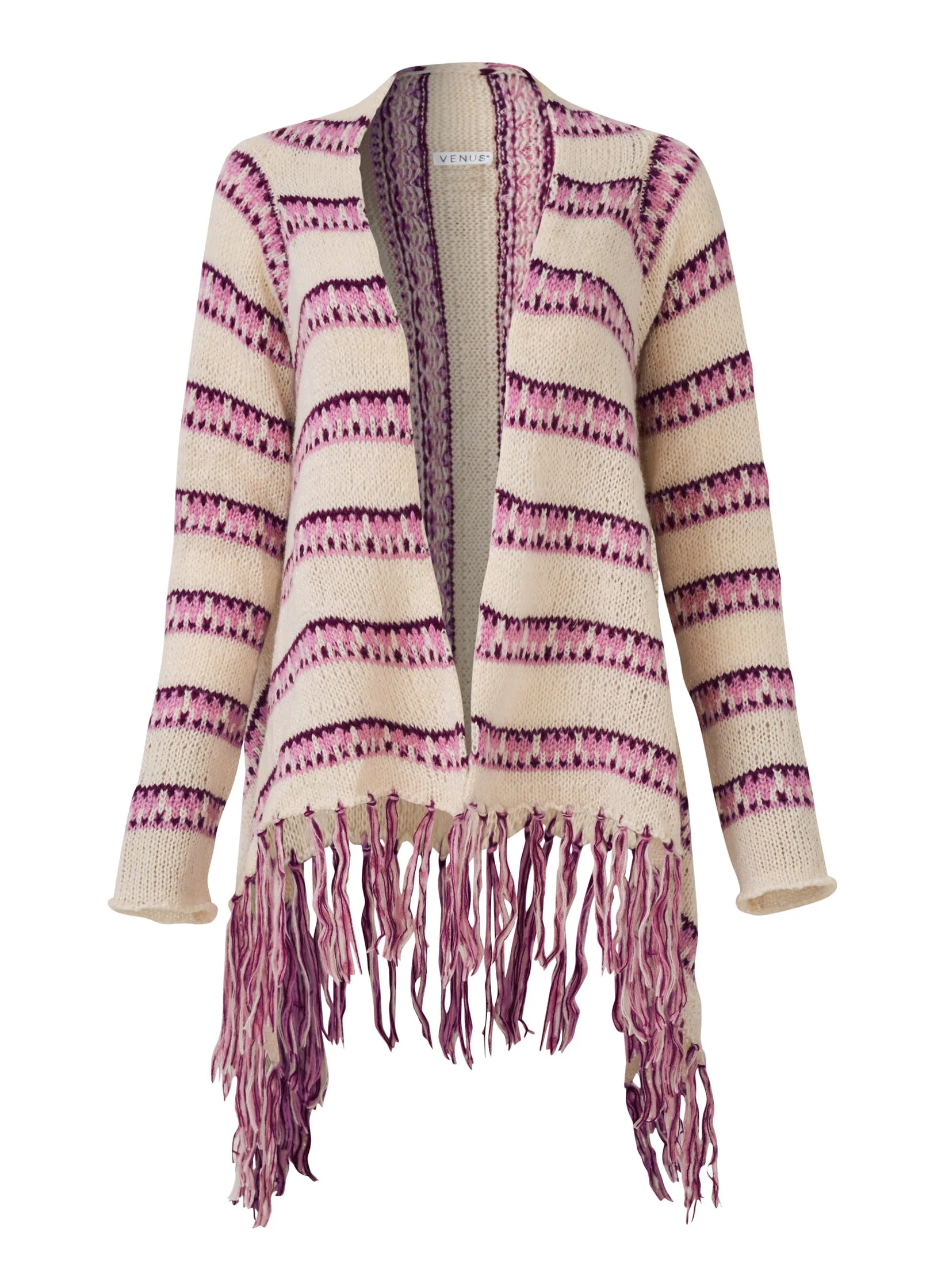 Stripe Fringe Cardigan - Beige Multi