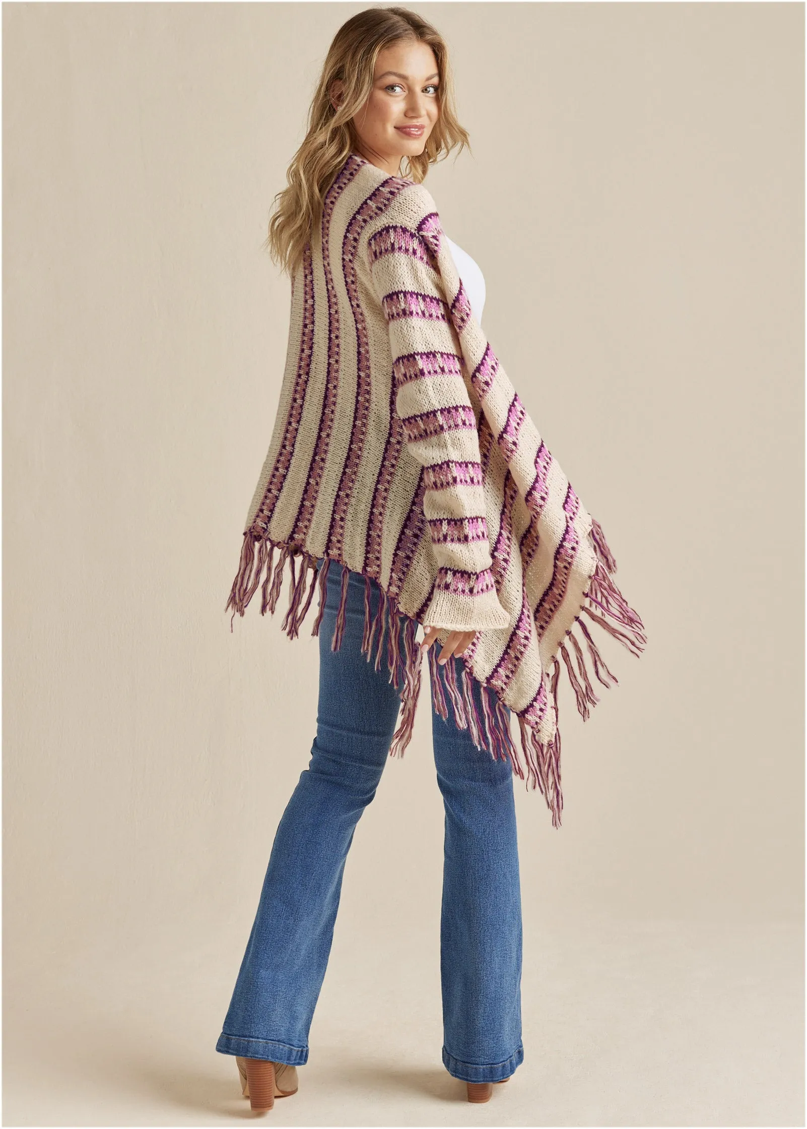 Stripe Fringe Cardigan - Beige Multi