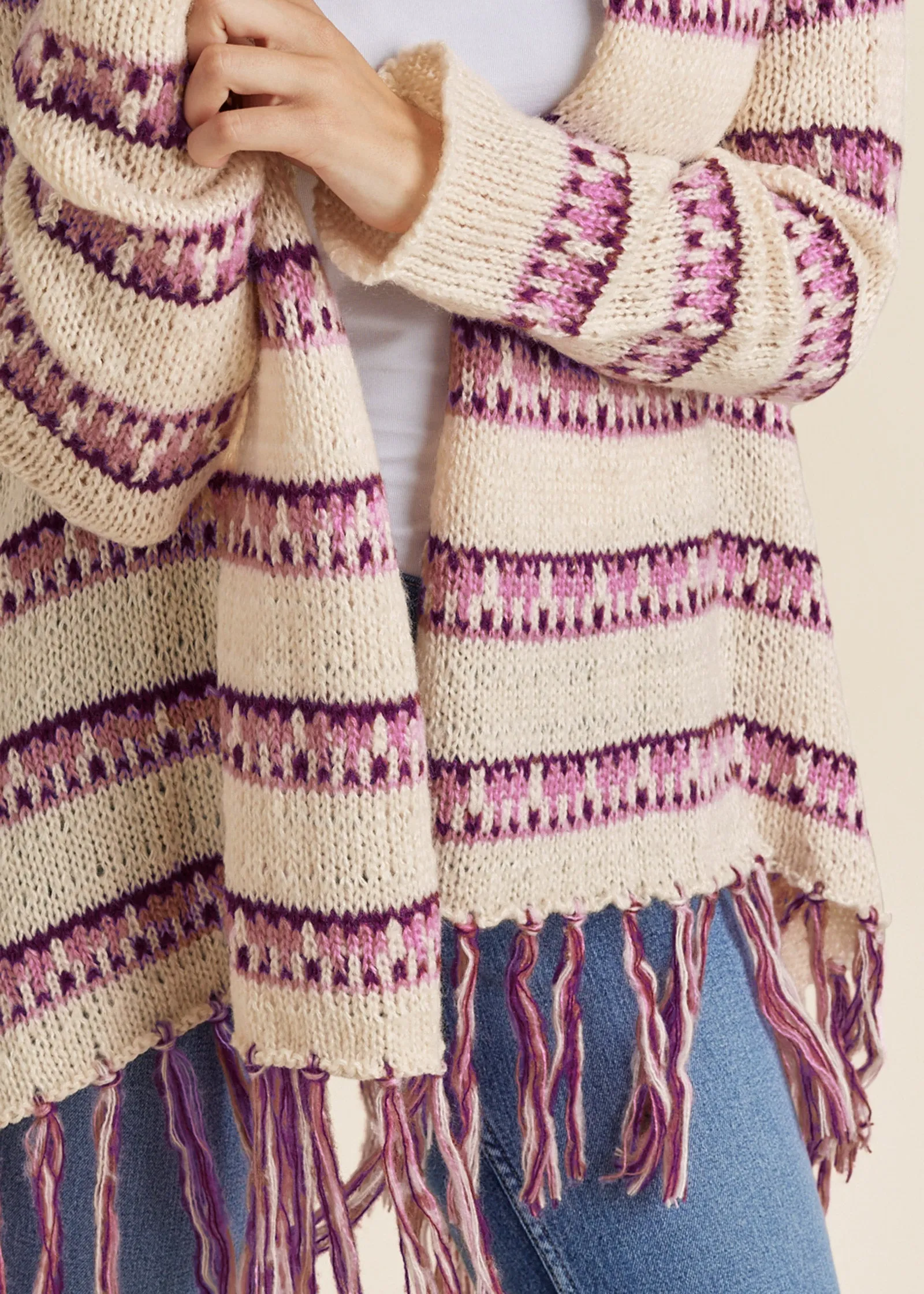 Stripe Fringe Cardigan - Beige Multi