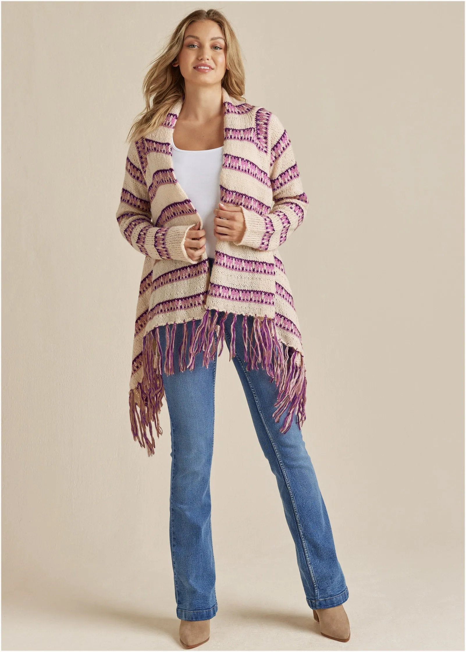 Stripe Fringe Cardigan - Beige Multi