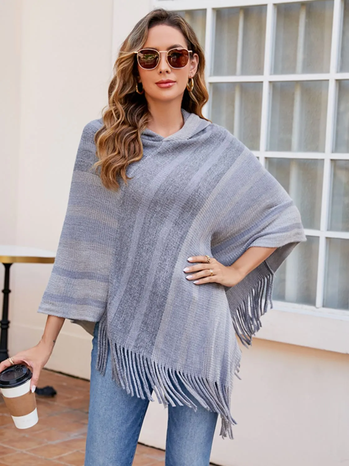 Striped Fringe Hem Hooded Poncho