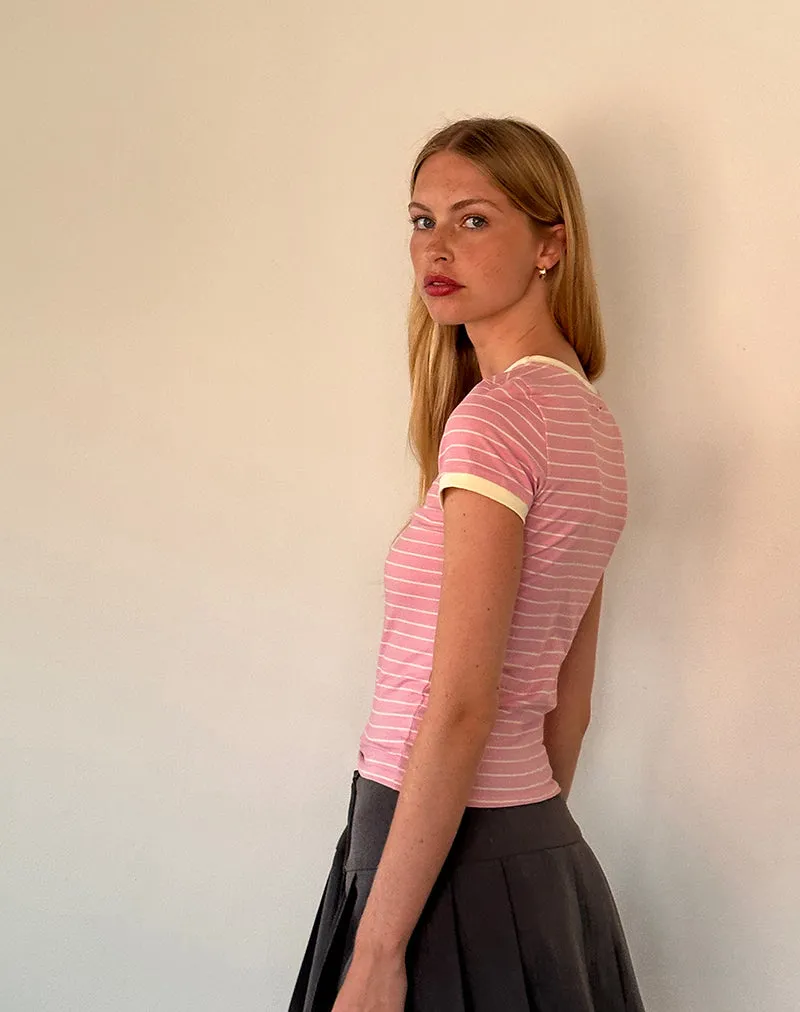 Sutin Baby Tee in Pink Stripe Combi Cherry Embroidery