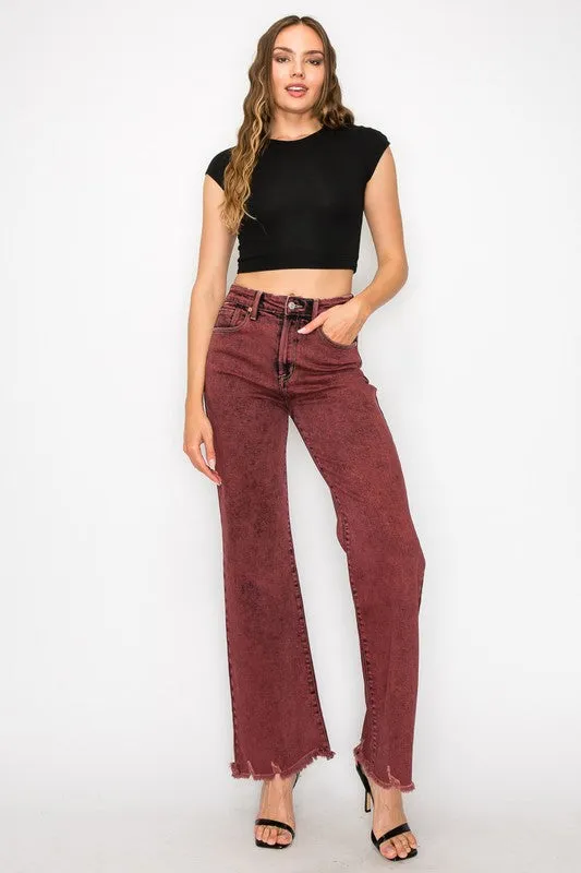 TEEK - PLUS SIZE BLEACHED BURGUNDY HIGH RISE FLARED LEG JEANS