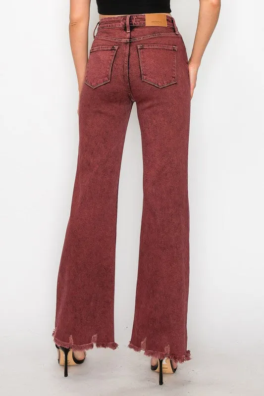 TEEK - PLUS SIZE BLEACHED BURGUNDY HIGH RISE FLARED LEG JEANS