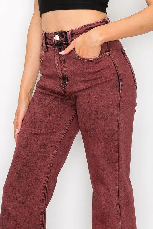 TEEK - PLUS SIZE BLEACHED BURGUNDY HIGH RISE FLARED LEG JEANS