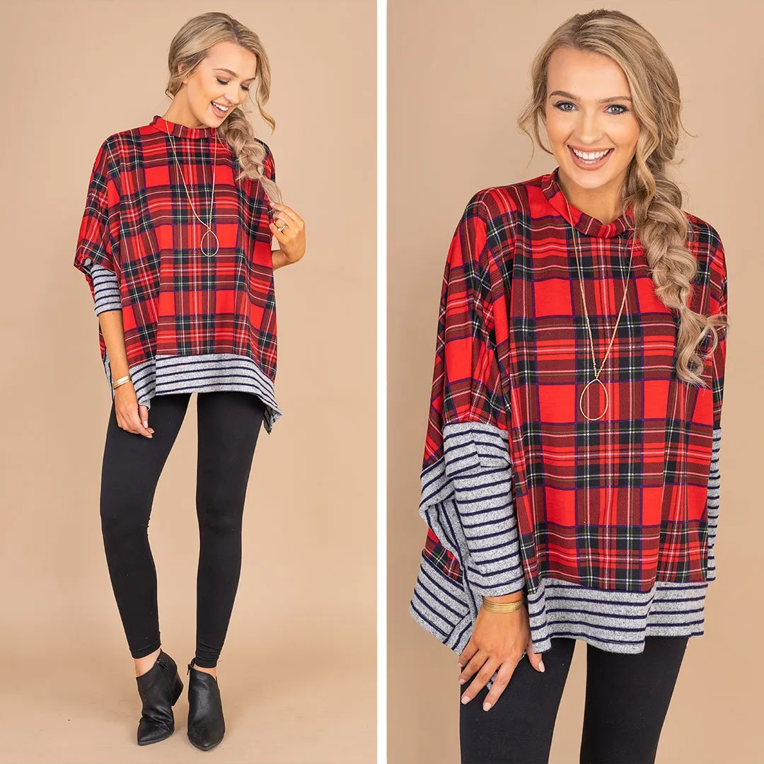 There We Go Red Plaid Poncho Top