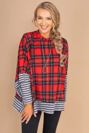 There We Go Red Plaid Poncho Top