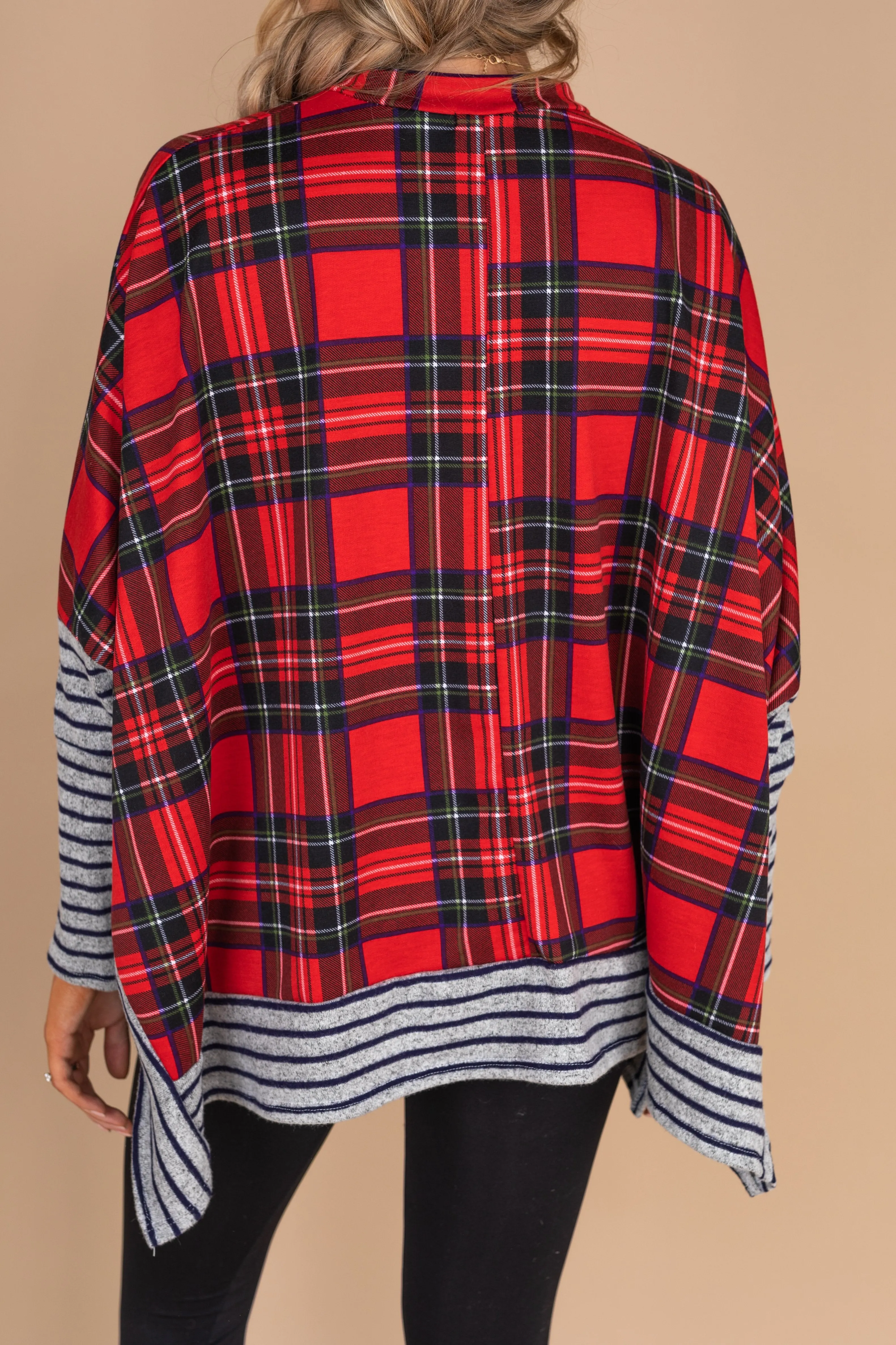 There We Go Red Plaid Poncho Top