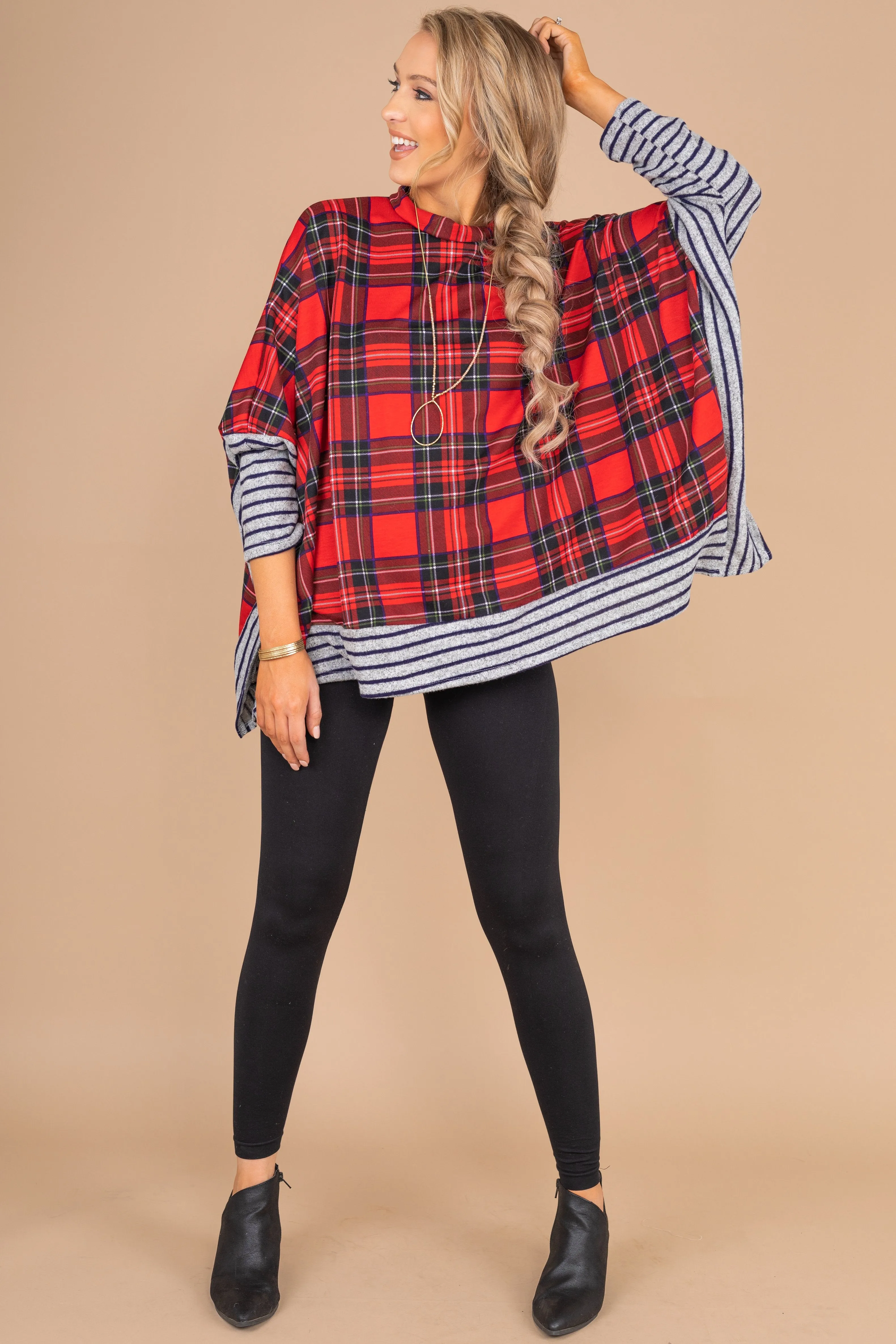 There We Go Red Plaid Poncho Top