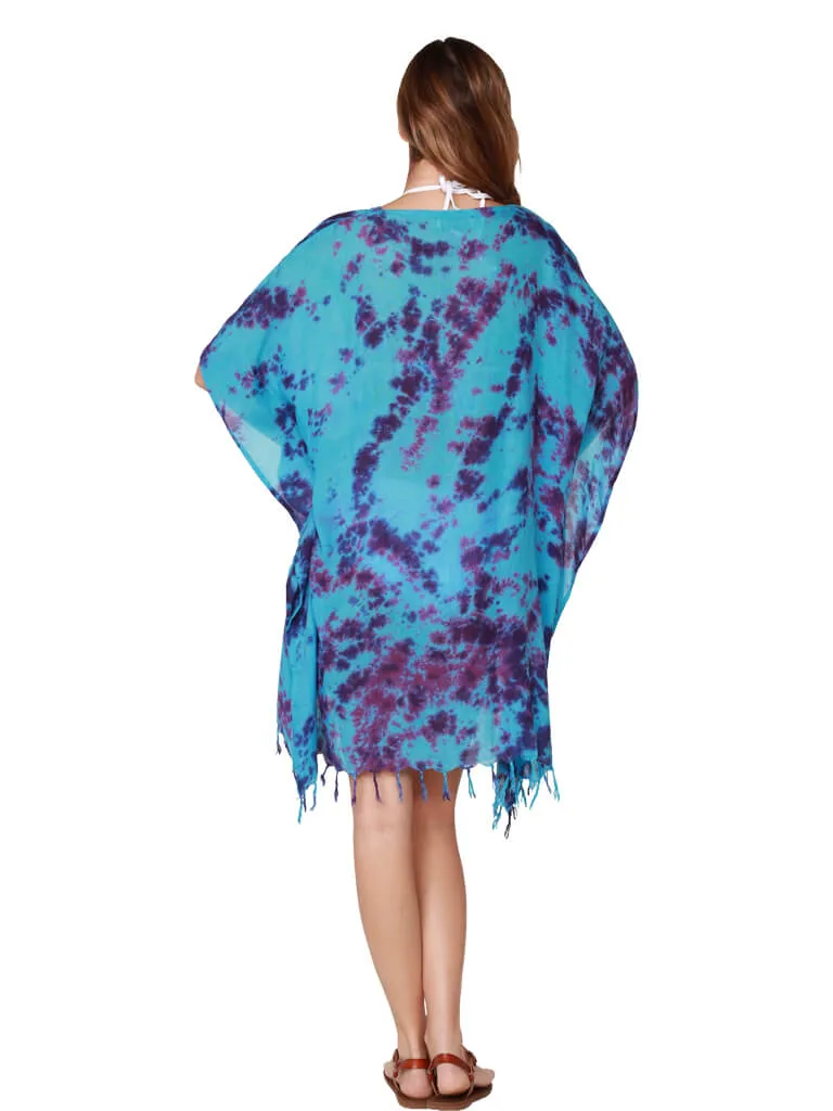 Tie-Dye V-neck Poncho with fringe bottoms