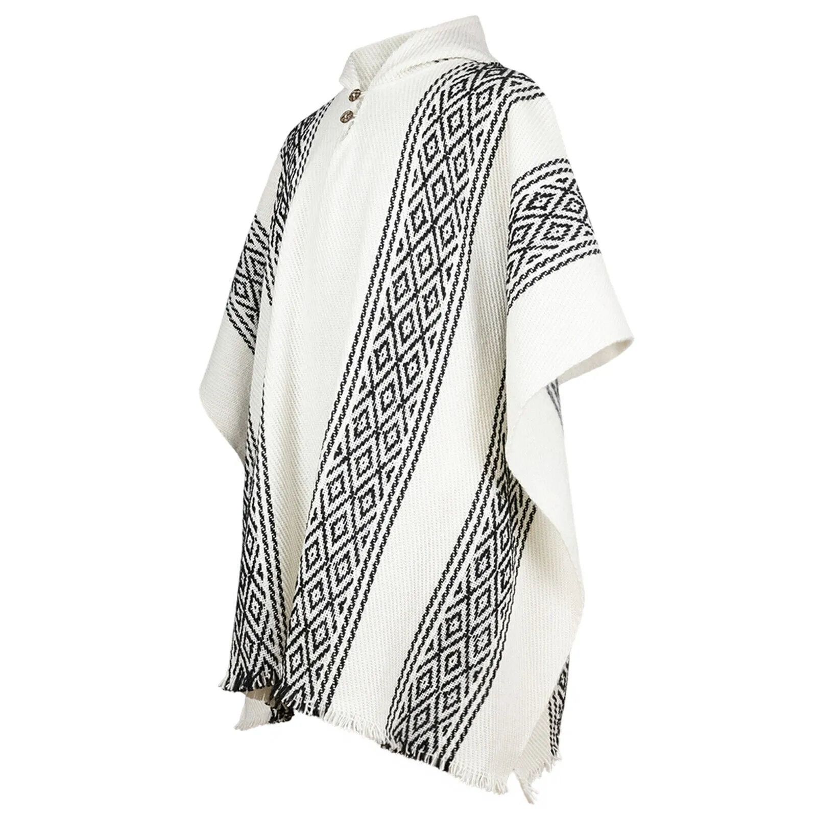 Tiputini - Llama Wool Unisex South American Handwoven Thick Hooded Poncho - Geometric - White/Black