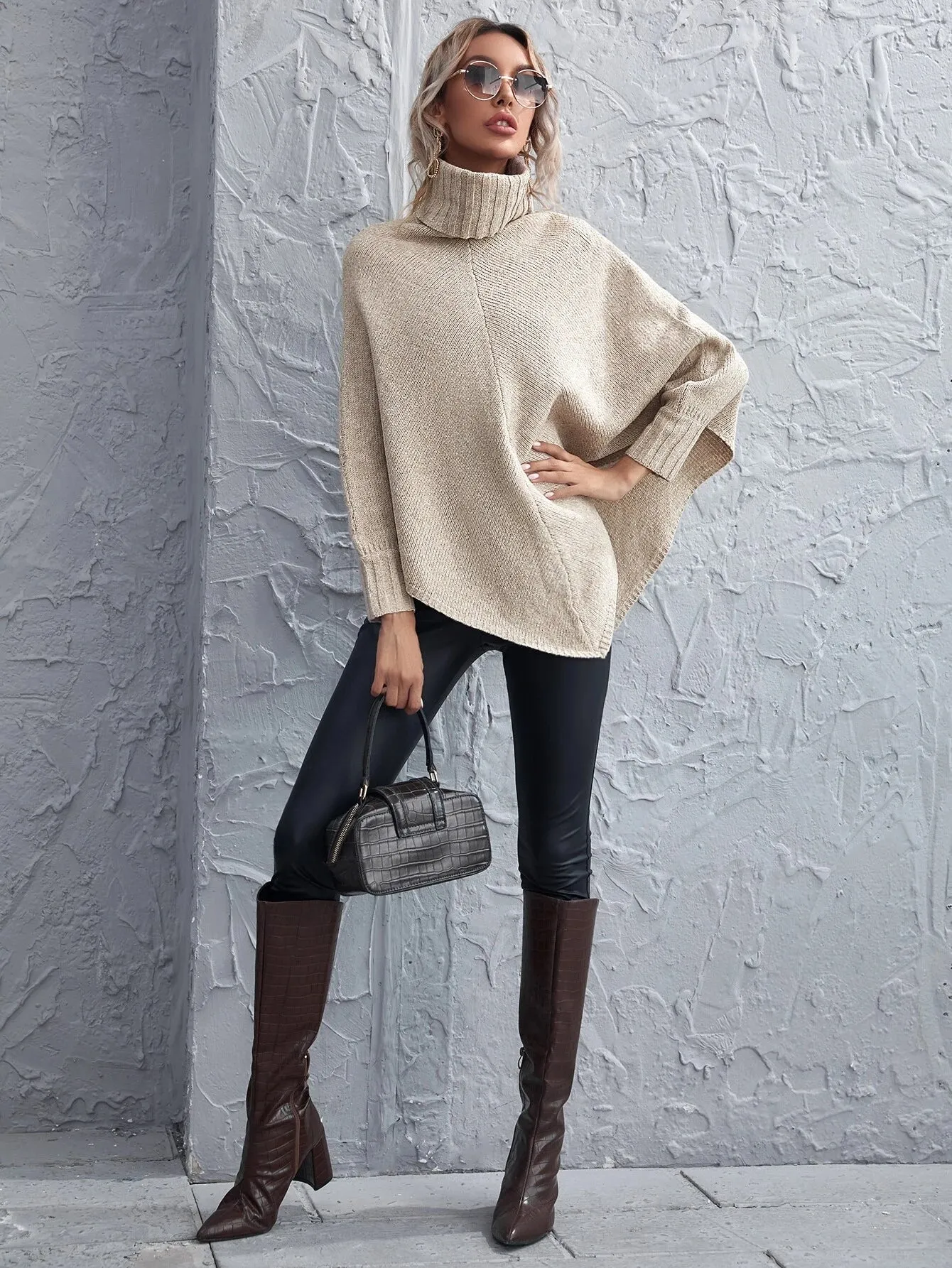 Turtleneck Poncho Sweater- Beige