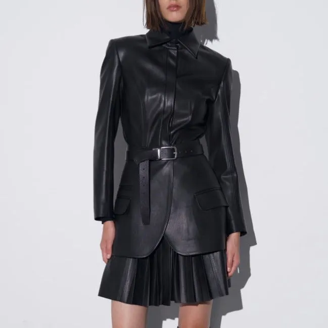 Vegan leather mini shirt dress with pleated skirt