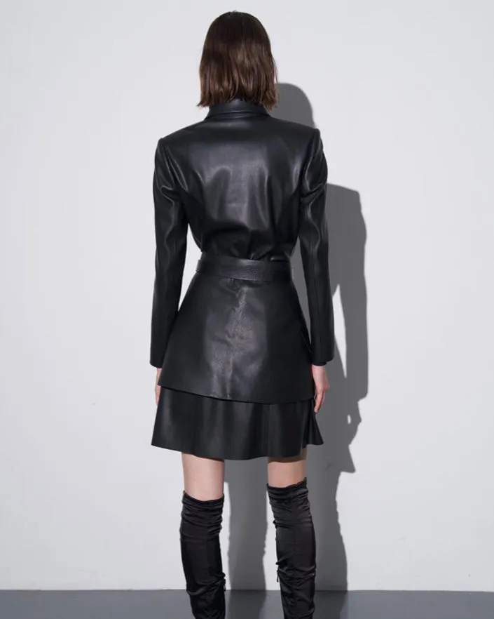 Vegan leather mini shirt dress with pleated skirt