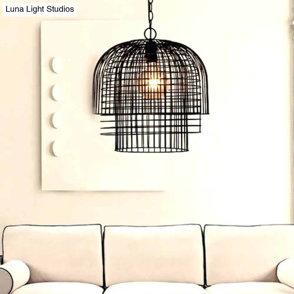 Vintage Black Wire Cage Pendant Light - Stylish Metal Ceiling Fixture for Living Room