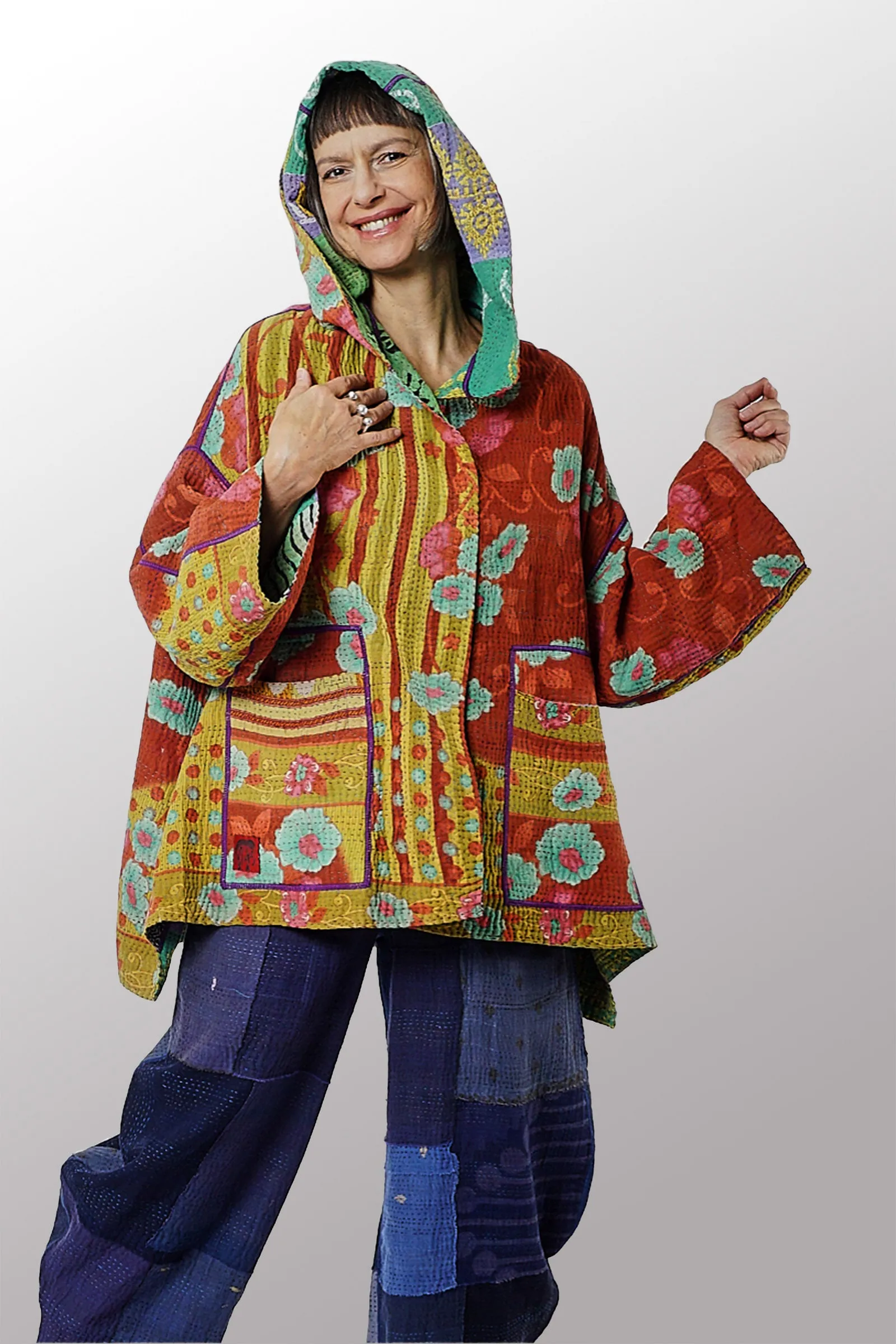 VINTAGE COTTON KANTHA HOODIE PONCHO - cv4064-0024a -