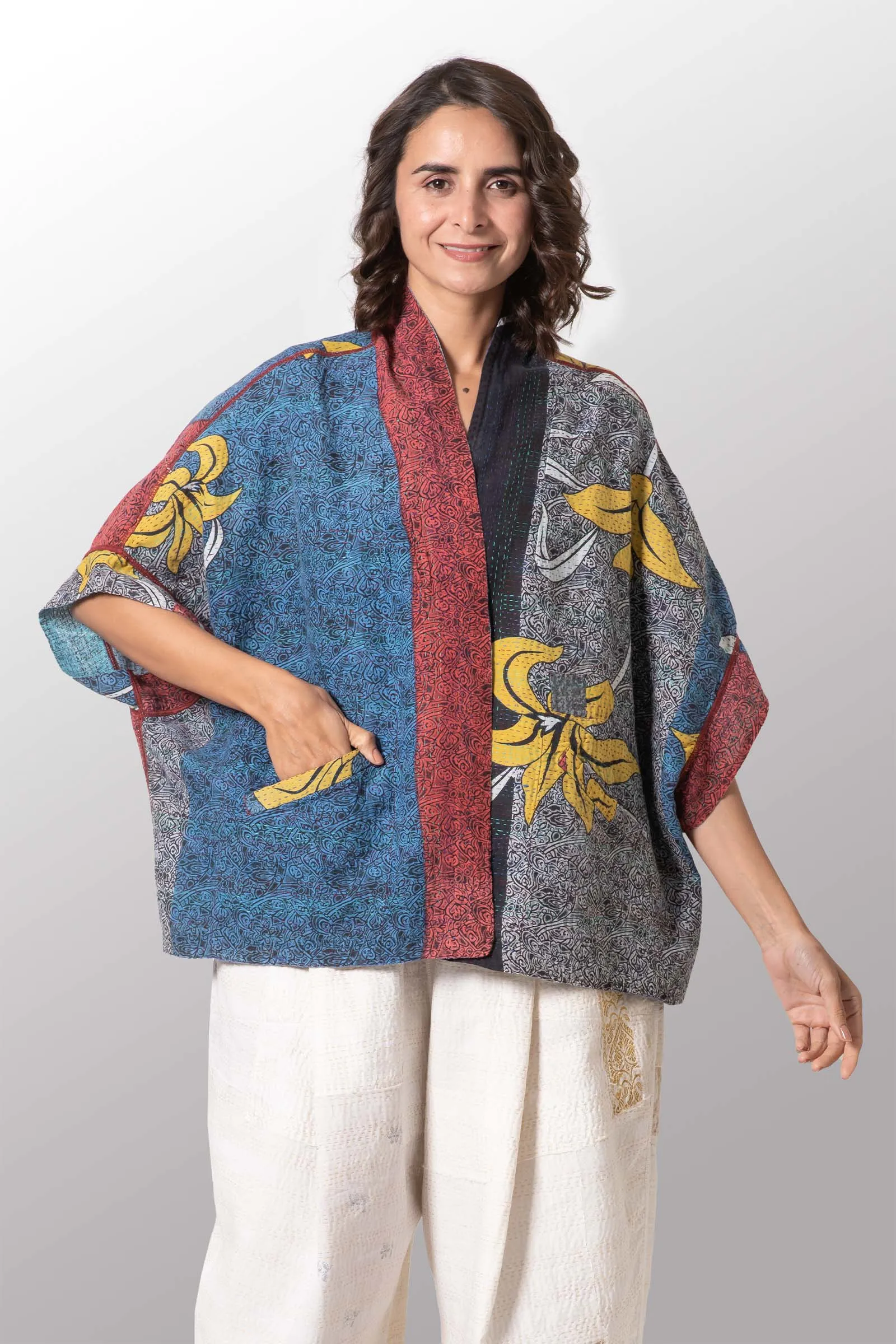 VINTAGE COTTON KANTHA MINI PONCHO - cv2060-0003a -