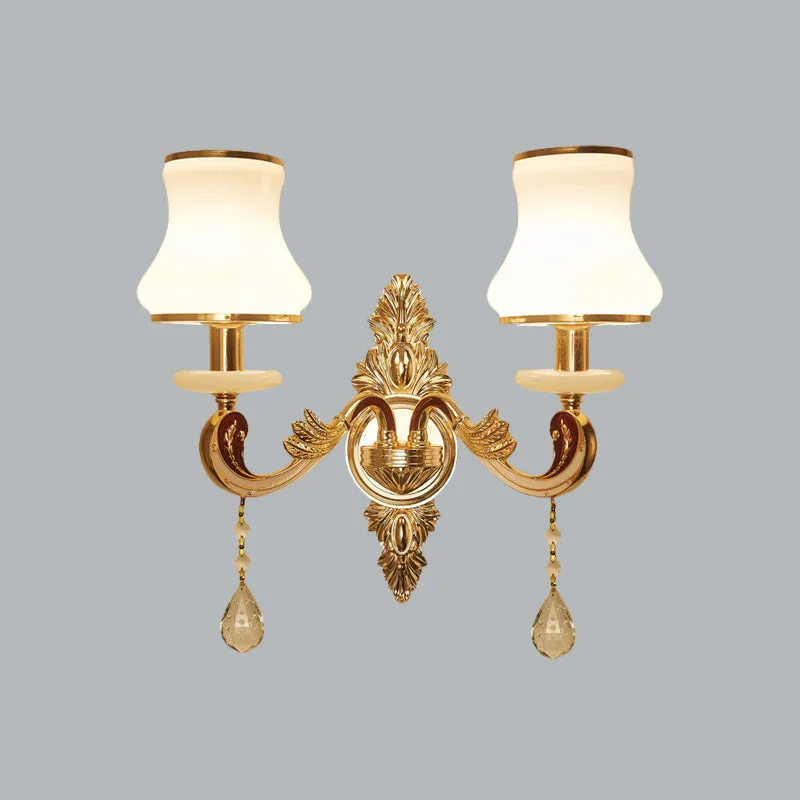 Vintage Gold Wall Sconce with Curved Milk Glass Lampshade - 2 Heads Bedroom Wall Mount Lamp