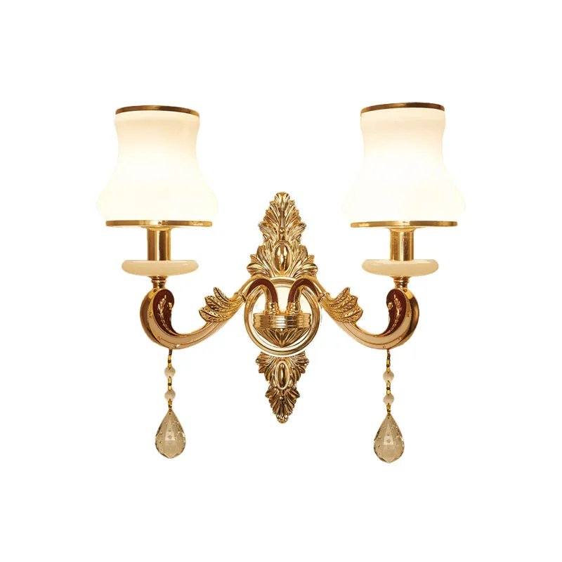 Vintage Gold Wall Sconce with Curved Milk Glass Lampshade - 2 Heads Bedroom Wall Mount Lamp