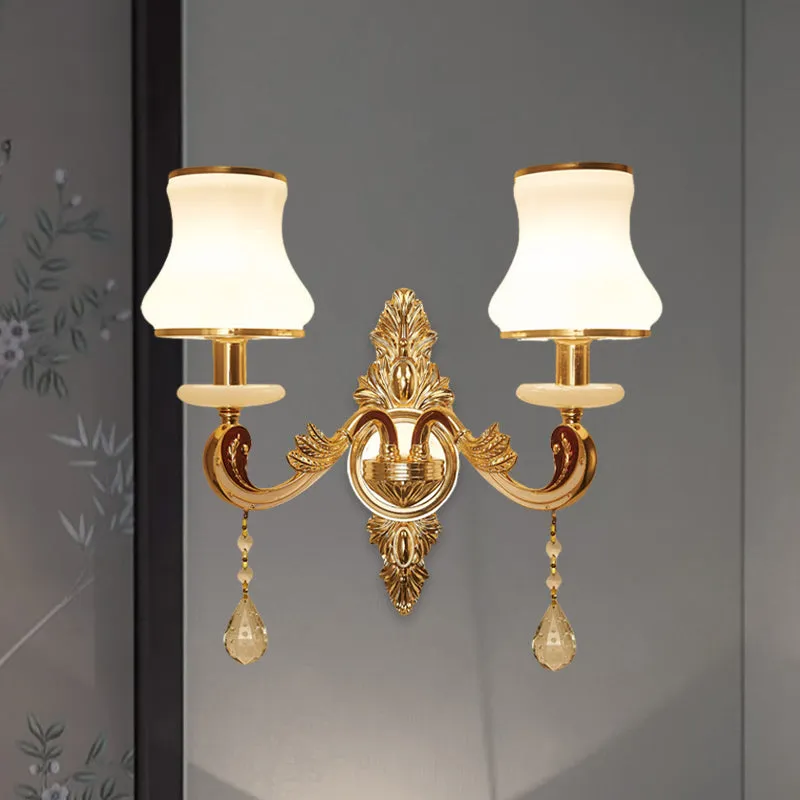 Vintage Gold Wall Sconce with Curved Milk Glass Lampshade - 2 Heads Bedroom Wall Mount Lamp