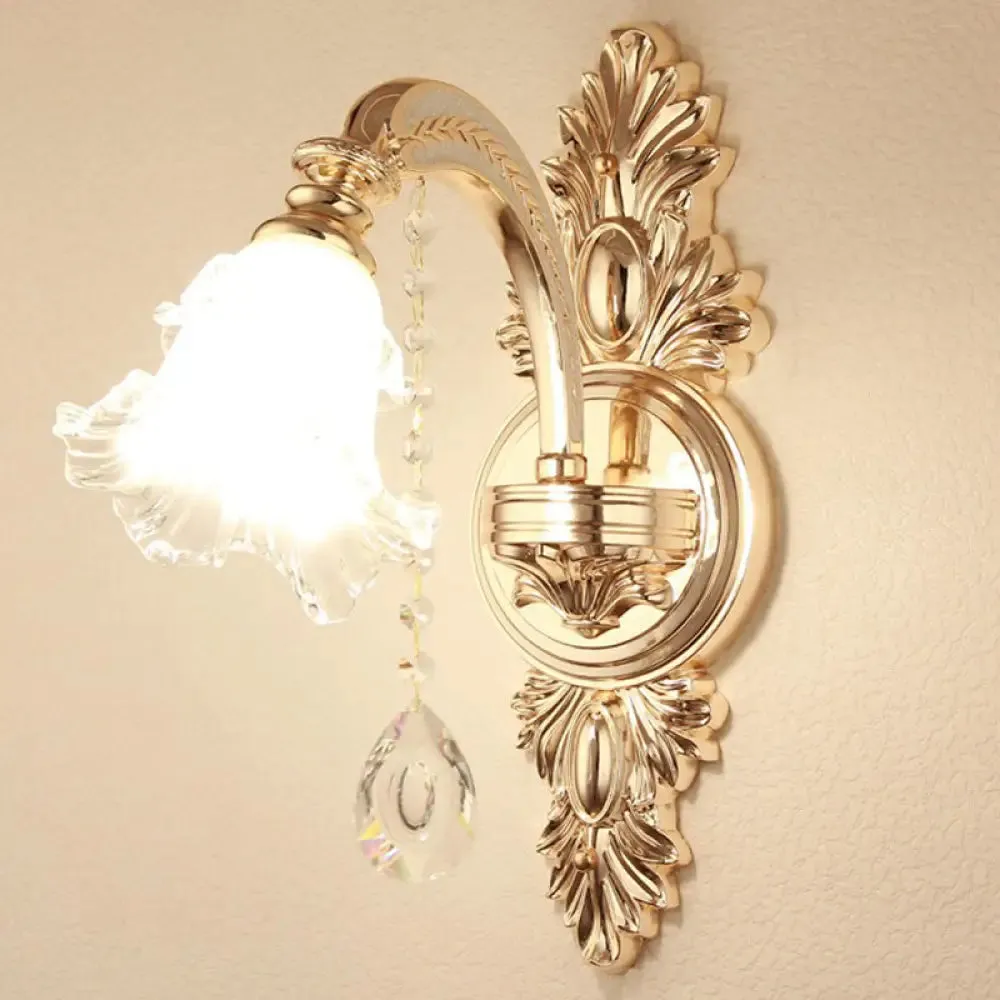 Vintage Silver Wall Sconce with Frosted Glass Blossom Shade and Crystal Deco